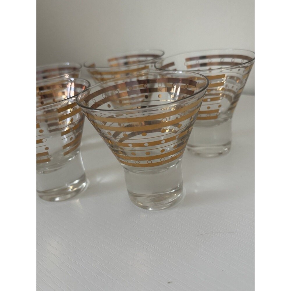 5 Vintage MCM Art Deco Dessert Cocktail Martini Glasses Flared Gold Rim 1960s